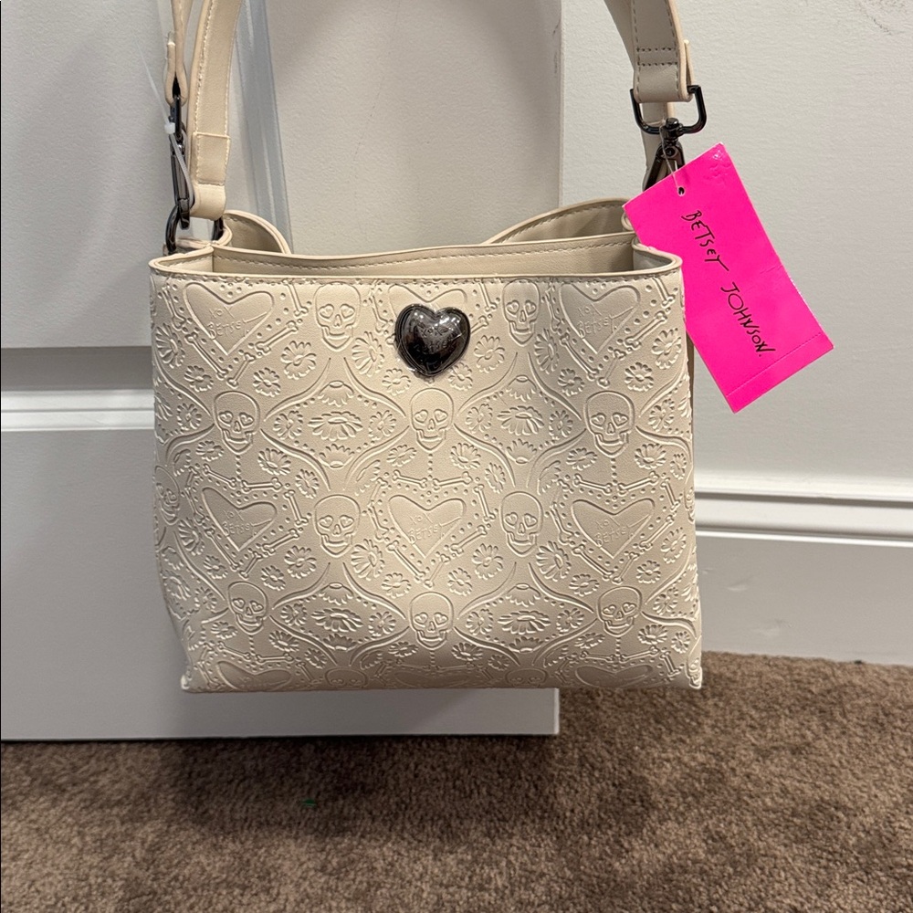 Betsey Johnson Cream Embossed Heart & Skull Crossbody Bag